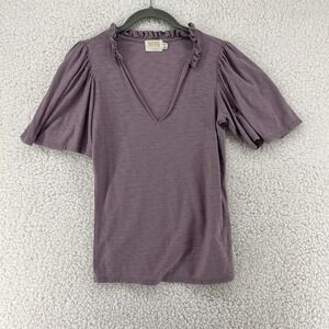 Nation Ltd Tierra Flirty Tee Size XS Ruffled V Neck Flutter Sleeve Purple Preppy